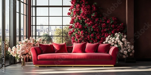 red and gold loft style living room with comfortable sofa, flowers decorated and large windows 