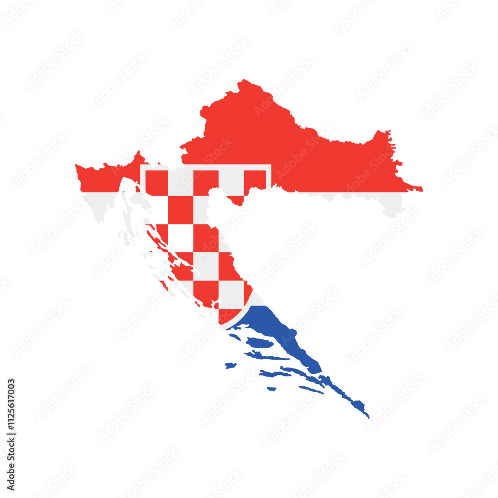 Obraz premium Vector illustration of Croatia map overlaid with the national flag, highlighting the country's geographic outline combined with its national colors.