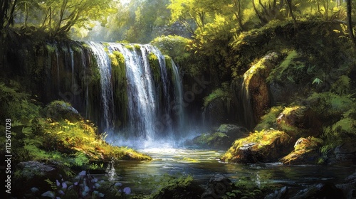 Serene Waterfall in Lush Green Forest: A Breathtaking Digital Painting