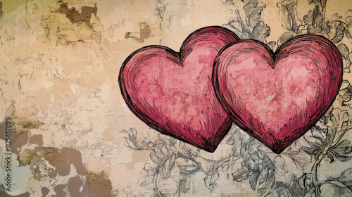 Vintage art with two hand-drawn pink hearts on textured floral background photo