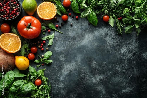 Fresh organic ingredients with herbs and citrus on dark background.