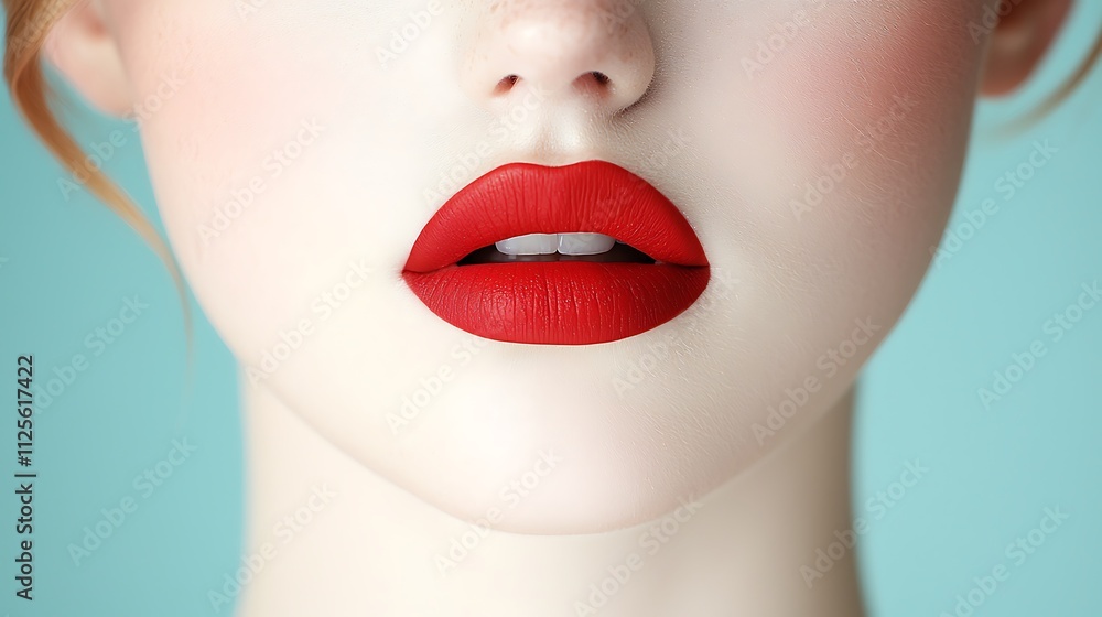 Obraz premium Close-up of a woman's lips with vibrant red lipstick against a soft background.