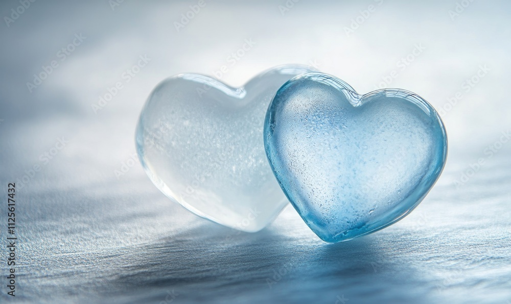 Fototapeta premium Two hearts made of ice are on a table