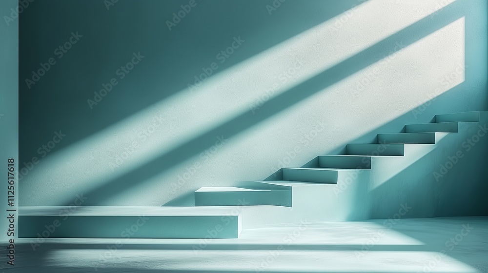 A serene minimalist design featuring a pastel green staircase set against a matching textured wall. A serene minimalist design featuring a pastel green staircase set against a matching textured wall.