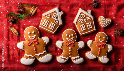 Playful gingerbread family cookies arranged on a festive red table showcasing holiday cheer