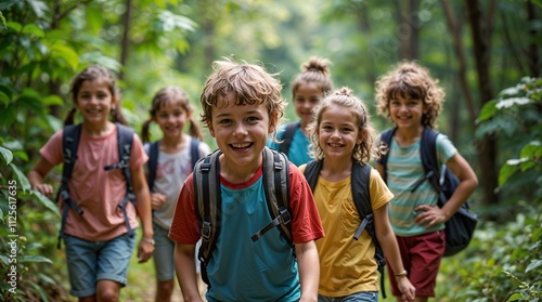 A group of happy children go on an educational adventure walk to explore and learn in the lush green tropical forest.