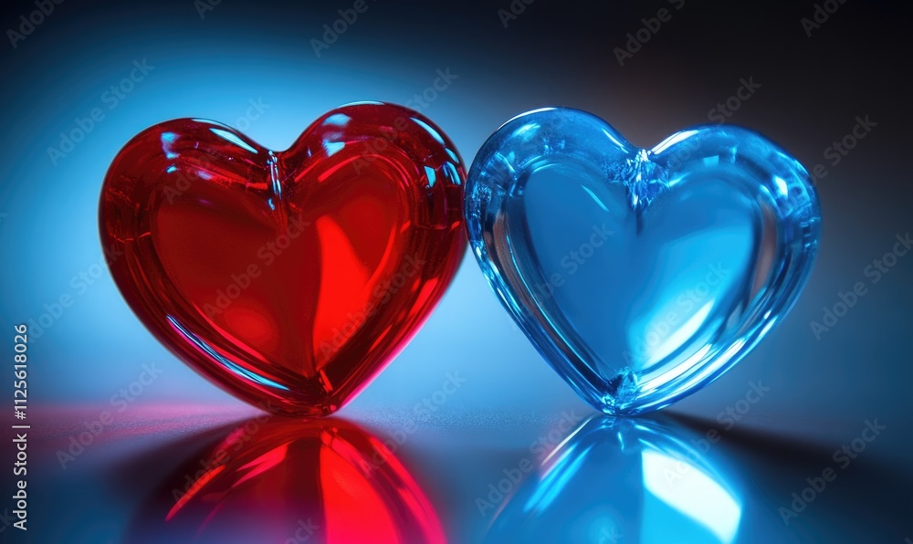 Two hearts, one red and one blue, are reflected in a mirror Two hearts, one red and one blue, are reflected in a mirror