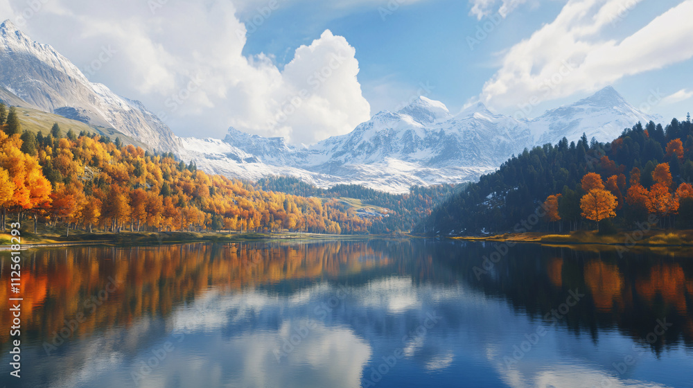 Obraz premium The stunning beauty of the Alps during autumn, with brilliant fall colors and snow-capped mountains in the background, reflecting in clear mountain lakes.
