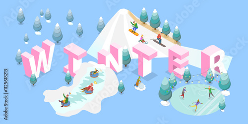 3D Isometric Flat Vector Illustration of Winter Sports, Recreational Activities To Enjoy During The Cold And Snowy Season