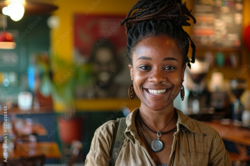 Portrait of a smiling young African American woman in cafe Portrait of a smiling young African American woman in cafe