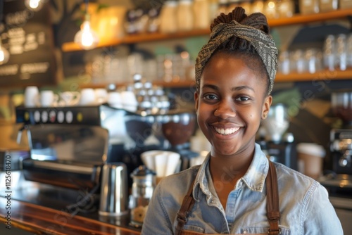 Portrait of a smiling young African American woman in cafe