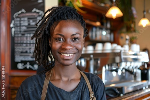 Portrait of a smiling young African American woman in cafe