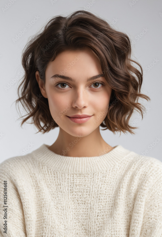 Pretty Woman is smiling and posing in a white sweater on a white wall background, Generative AI Pretty Woman is smiling and posing in a white sweater on a white wall background, Generative AI