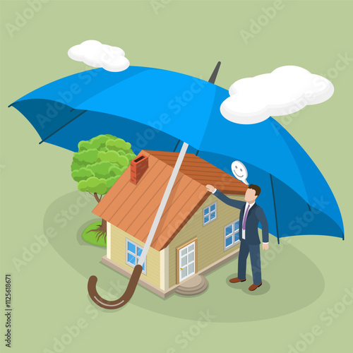 3D Isometric Flat Vector Illustration of Home Insurance, Residential Building Protection Under Strong Cover Umbrella