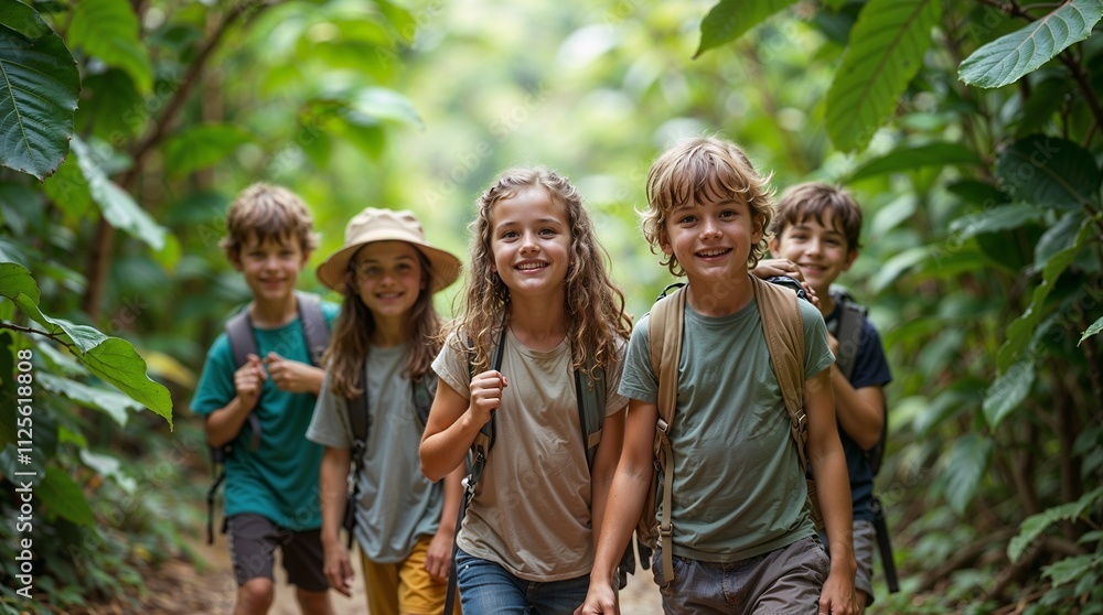 A group of happy children go on an educational adventure walk to explore and learn in the lush green tropical forest. A group of happy children go on an educational adventure walk to explore and learn in the lush green tropical forest.