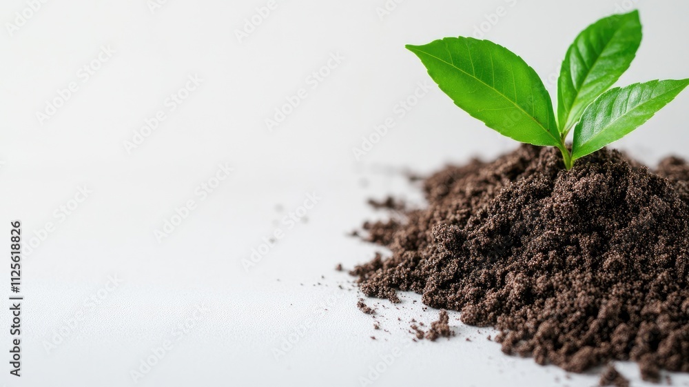 Small green plant growing from soil on white background, symbolizing growth and new beginnings Small green plant growing from soil on white background, symbolizing growth and new beginnings