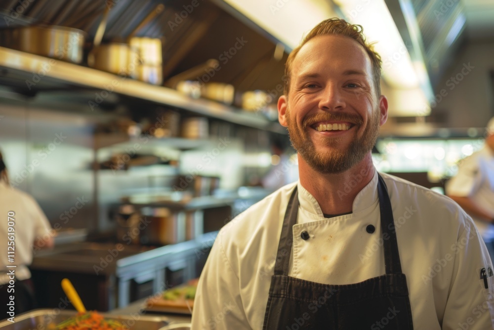Obraz premium Portrait of a smiling American chef in restaurant kitchen