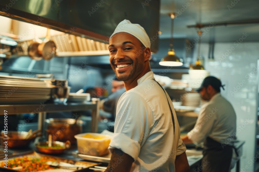 Fototapeta premium Portrait of a smiling American chef in restaurant kitchen