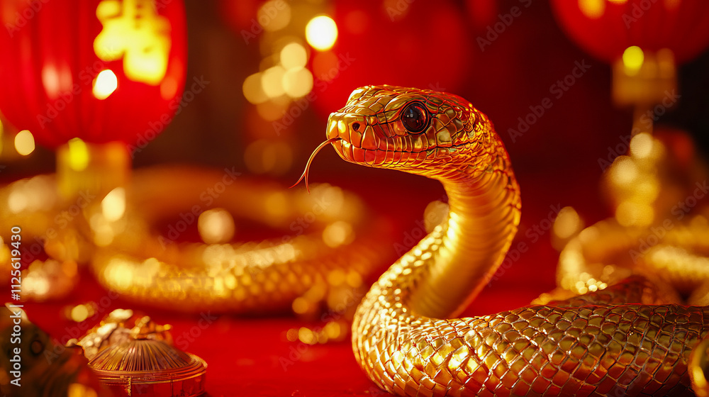 Golden snake with red lanterns celebrating chinese new year Golden snake with red lanterns celebrating chinese new year