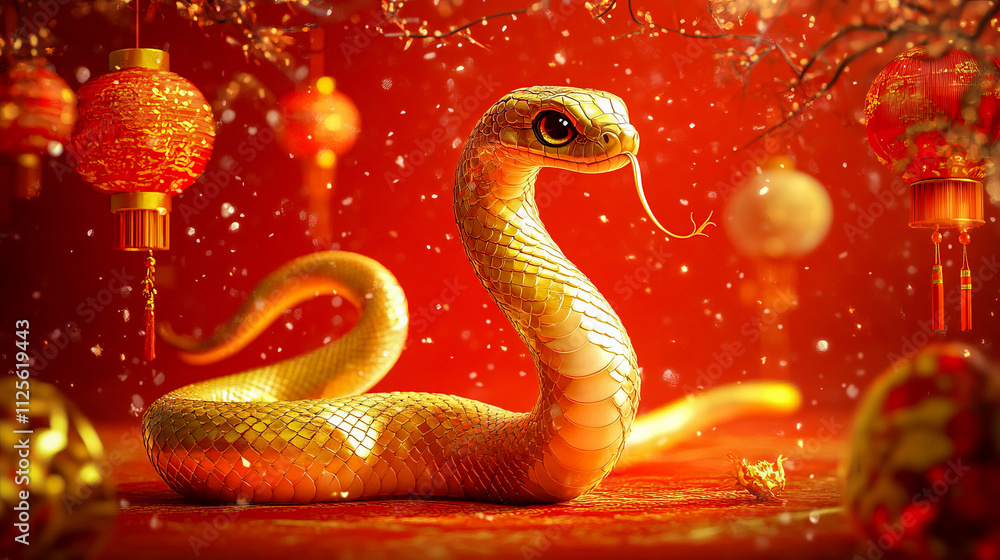 Obraz premium Golden snake in vibrant festive decor with red lanterns and sparkling lights