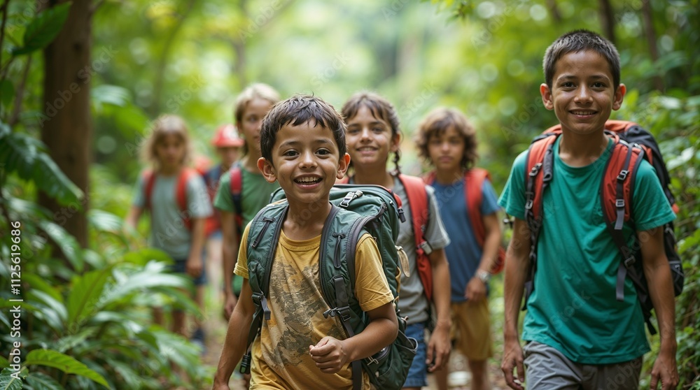 A group of happy children go on an educational adventure walk to explore and learn in the lush green tropical forest. A group of happy children go on an educational adventure walk to explore and learn in the lush green tropical forest.