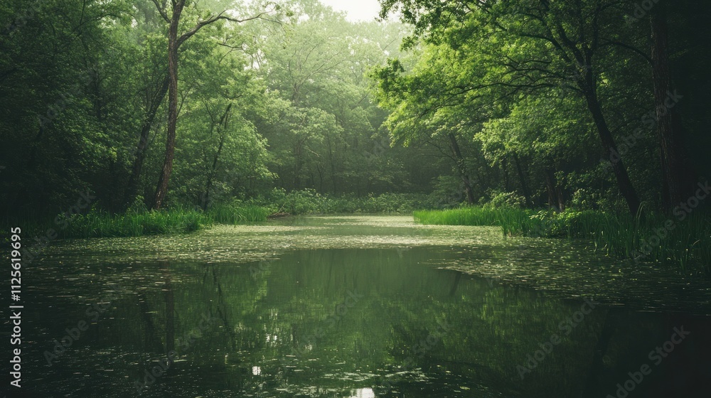 Serene Green Lake Enveloped by Lush Forest Serene Green Lake Enveloped by Lush Forest