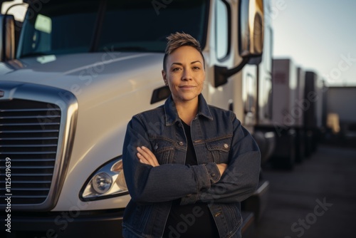 Portrait of a middle aged Hispanic female truck driver