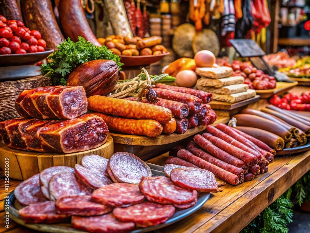 Detailed macro shots highlight the Metzger Boucherie booth, featuring an array of fresh meats, charcuterie, and artisan goods for an authentic rustic market ambiance. Detailed macro shots highlight the Metzger Boucherie booth, featuring an array of fresh meats, charcuterie, and artisan goods for an authentic rustic market ambiance.