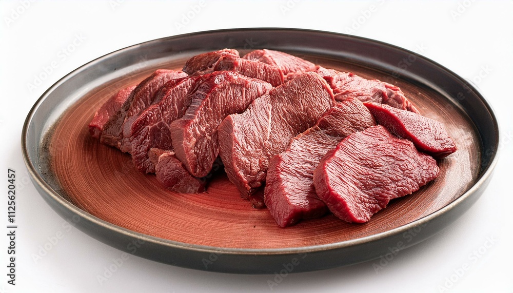 Plate meat food beef on isolated white background Plate meat food beef on isolated white background