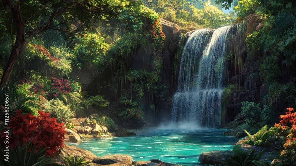 Serene Waterfall in Lush Tropical Paradise Serene Waterfall in Lush Tropical Paradise