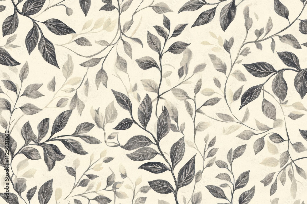 A delicate pattern of gray leaves on a light background, suitable for wallpaper or fabric design.