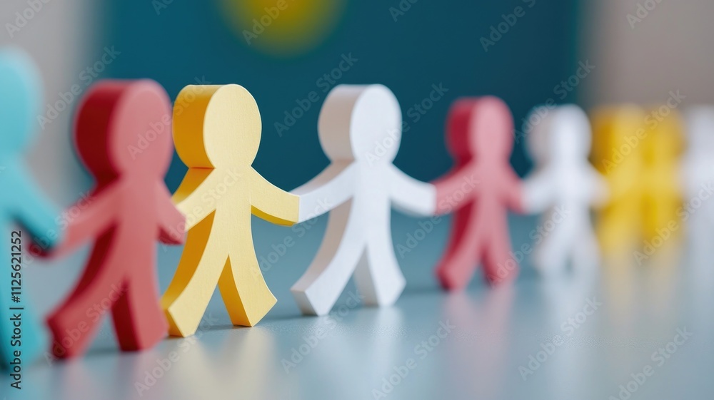 Colorful paper cutouts of people holding hands in line Colorful paper cutouts of people holding hands in line