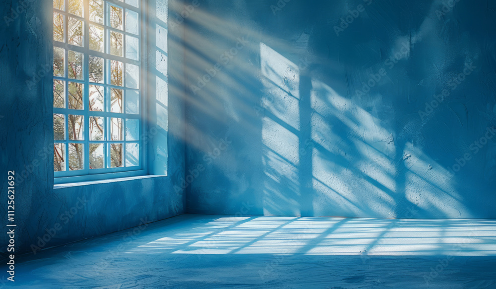 Fototapeta premium A light blue backdrop features sun rays and shadows, with a window shadow on the wall of an empty room, suitable for product presentation.