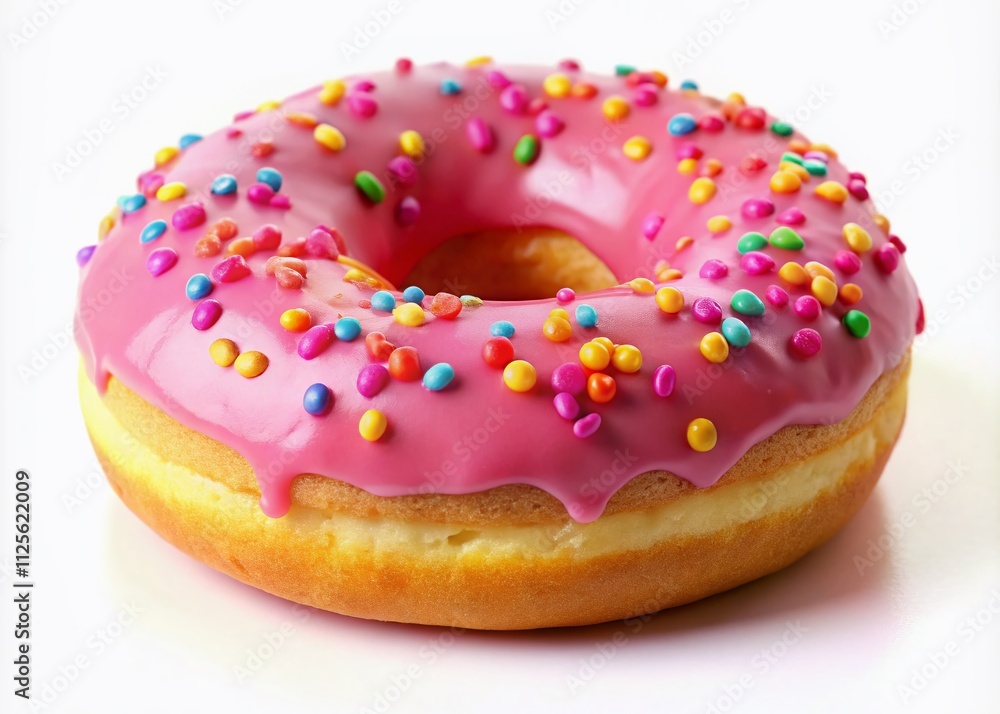 Dreamy pink donut with colorful sprinkles, set on a pristine white background, ideal for creative designs and captivating food photography. A delightful visual treat! Dreamy pink donut with colorful sprinkles, set on a pristine white background, ideal for creative designs and captivating food photography. A delightful visual treat!