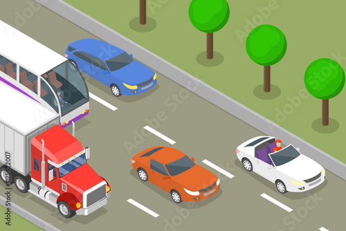 3D Isometric Flat Vector Illustration of Road Traffic , Aerial View Of A Highway Interchange Busy With Traffic