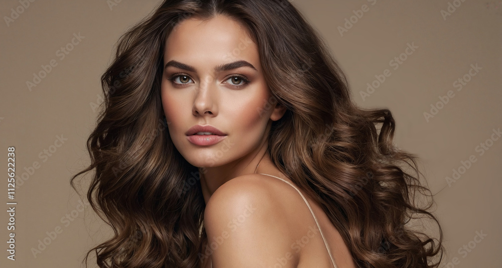 Naklejka premium Beautiful model girl with long wavy and shiny hair . Brunette dirl with curly hairstyle. Beauty smiling woman with curly hairstyle dye .Fashion, cosmetics and makeup . Cosmetology 