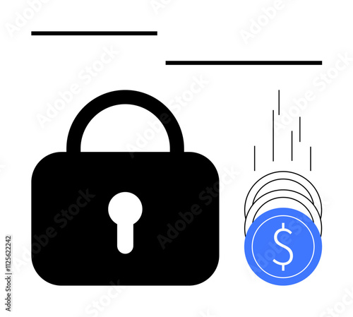 Black lock next to falling blue coins with dollar signs. Ideal for finance, security, savings, banking, transactions protection investment. Line metaphor. Line metaphor. Simple line icons