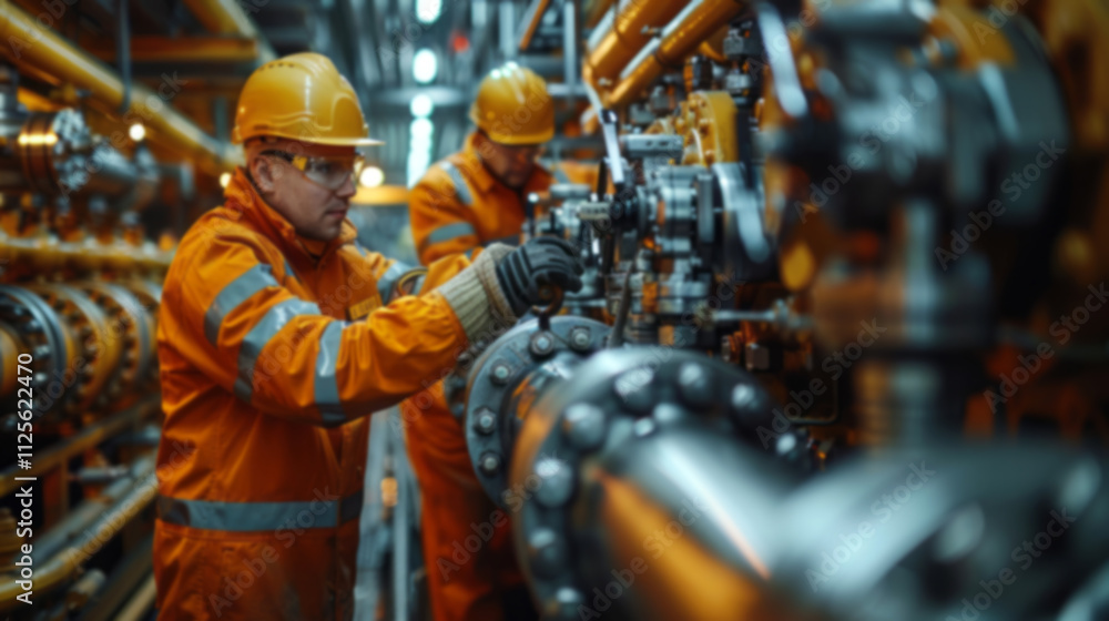 Two workers, dressed in safety gear and wearing hard hats, work with precision on an industrial gas train. Two workers, dressed in safety gear and wearing hard hats, work with precision on an industrial gas train.