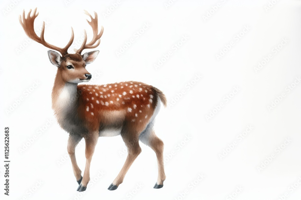 Illustration eines jungen Hirsches mit prächtigem Geweih auf weißem Hintergrund. Ideal für winterliche, weihnachtliche oder natürliche Designs mit Textfreiraum. Generative KI Illustration eines jungen Hirsches mit prächtigem Geweih auf weißem Hintergrund. Ideal für winterliche, weihnachtliche oder natürliche Designs mit Textfreiraum. Generative KI
