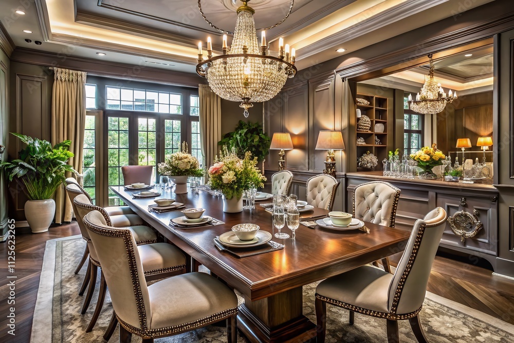 Elegant Dining Room Set for Upscale Dinner Party with Chandelier and Wooden Table, Luxurious Decor, Stylish Ambiance, Fine Dining, Modern Home Interiors, Chic Design Ideas Elegant Dining Room Set for Upscale Dinner Party with Chandelier and Wooden Table, Luxurious Decor, Stylish Ambiance, Fine Dining, Modern Home Interiors, Chic Design Ideas