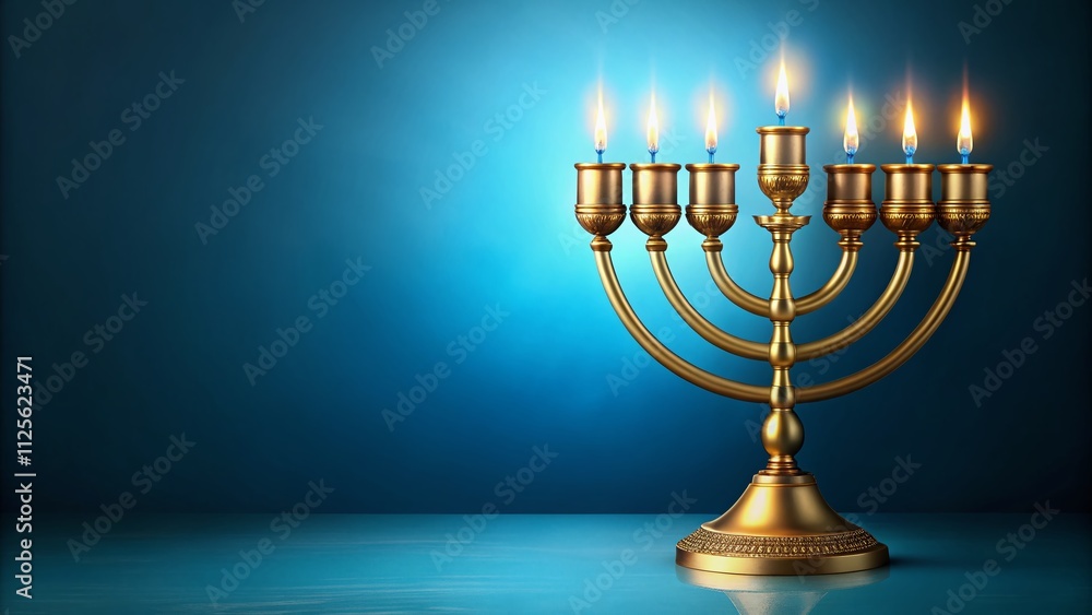 Elegant gold menorah shines against an azure backdrop, featuring blank space for personalized messages. Perfect for Jewish festivities and celebratory greetings during Hanukkah. Elegant gold menorah shines against an azure backdrop, featuring blank space for personalized messages. Perfect for Jewish festivities and celebratory greetings during Hanukkah.
