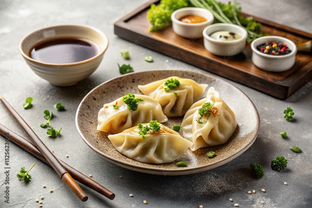 Elegant Japanese gyoza embodies minimalism, showcasing culinary artistry through simplicity in food photography, celebrating modern aesthetics and cultural appreciation with every delicate bite. Elegant Japanese gyoza embodies minimalism, showcasing culinary artistry through simplicity in food photography, celebrating modern aesthetics and cultural appreciation with every delicate bite.