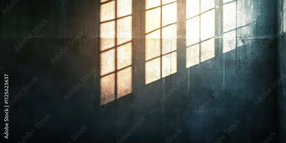 A dimly lit interior with sunlight casting shadows through a window. A dimly lit interior with sunlight casting shadows through a window.