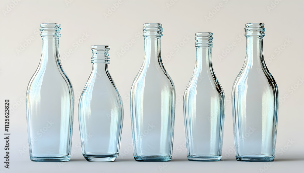 Five empty, clear glass bottles of varying sizes stand in a row against a neutral background. A perfect image for showcasing product packaging or minimalist design. Five empty, clear glass bottles of varying sizes stand in a row against a neutral background. A perfect image for showcasing product packaging or minimalist design.