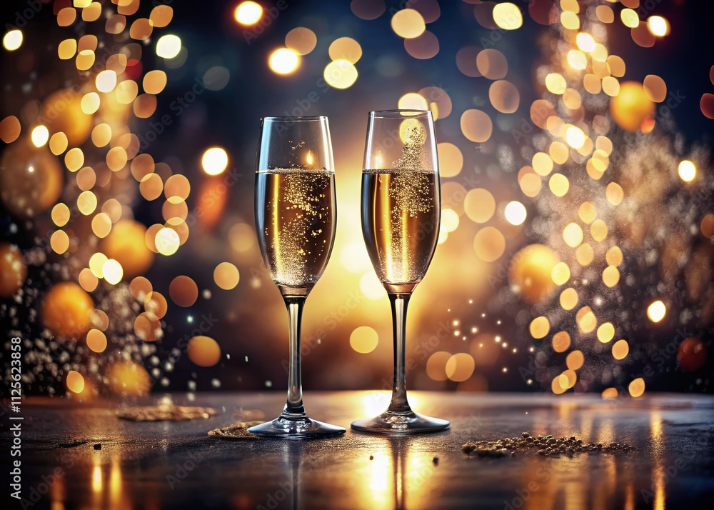 Elegant New Year's Eve Toast with Champagne Glasses and Bokeh Lights for a Glamorous Celebration Atmosphere Elegant New Year's Eve Toast with Champagne Glasses and Bokeh Lights for a Glamorous Celebration Atmosphere