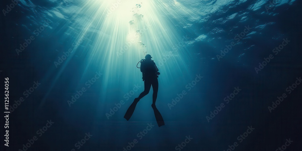 A diver explores the serene underwater world, illuminated by beams of sunlight. A diver explores the serene underwater world, illuminated by beams of sunlight.