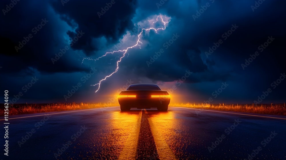 Foggy road with an old abandoned car, thunderclouds brewing above, a dark and ominous scene filled with suspense and tension Foggy road with an old abandoned car, thunderclouds brewing above, a dark and ominous scene filled with suspense and tension
