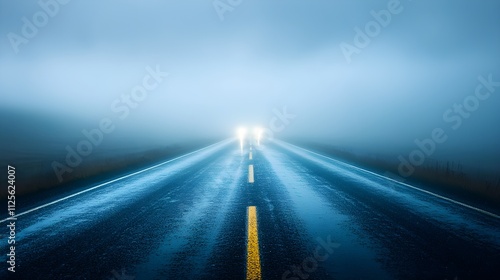 Fog covered road at night, heavy rain pelting the ground, faint headlights struggle through the gloom, dramatic and eerie composition, night road in storm, ominous travel photo