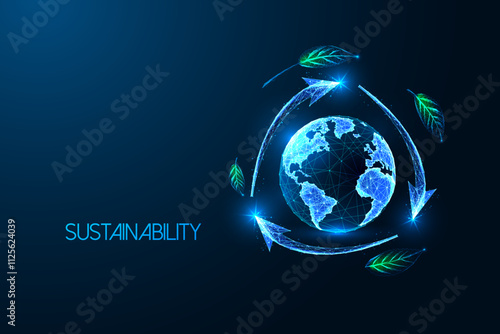 Sustainability concept with glowing globe, recycling arrows, green leaves on dark blue background.