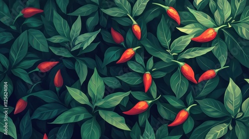 Vibrant Red Chili Peppers in Lush Green Foliage: A Stunning Botanical Illustration